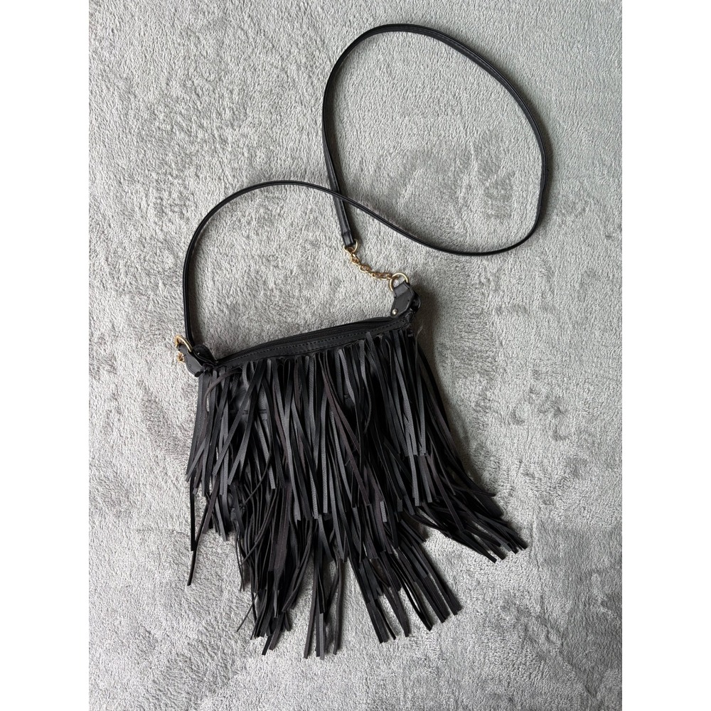 Rue21 Womens Crossbody Bag Small Black Faux Leather Fringe Western Boho Festival